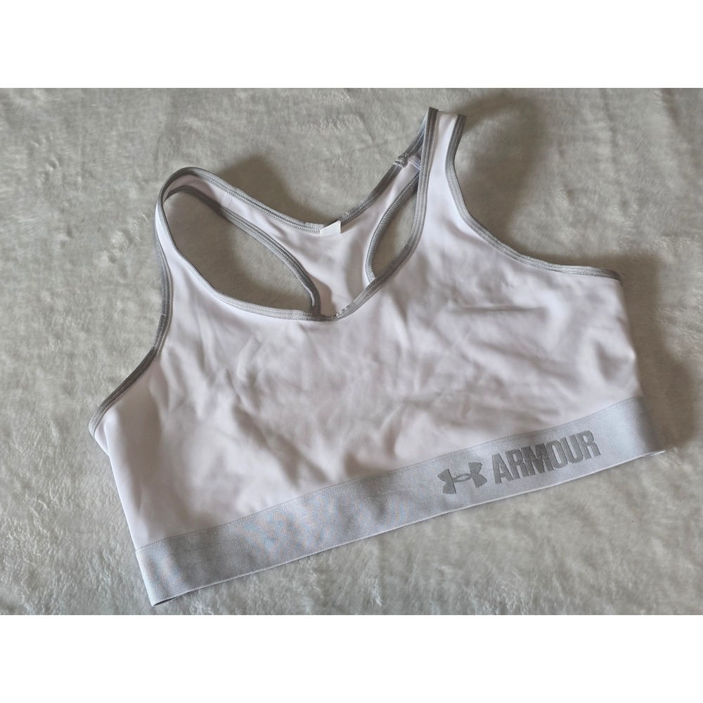 Under Armour Womens White Silver HeatGear Mid Impact Racerback Sports Bra Large